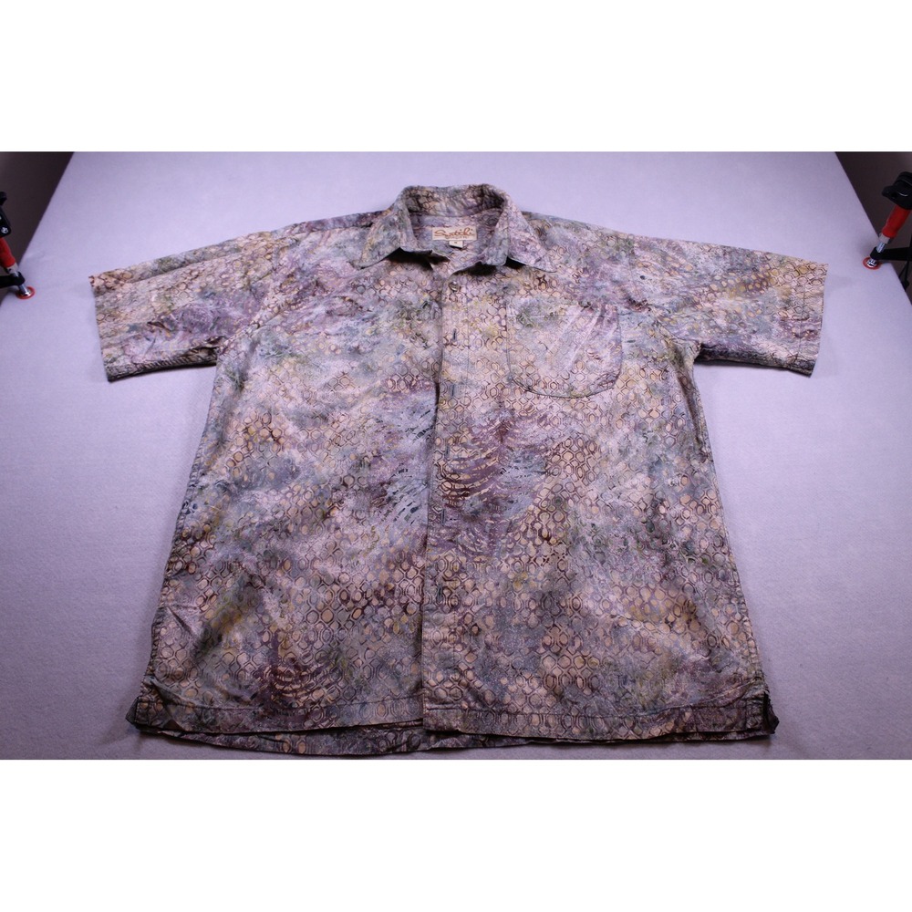 Santiki Es Lo Que Es Mens Medium Batik Button Down Shirt Short Sleeve Purple M
